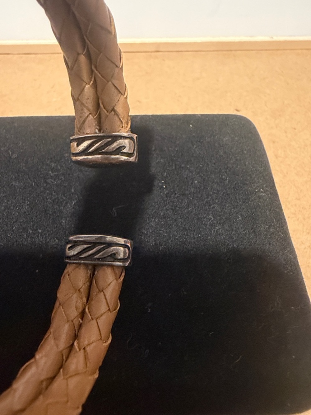 Braided Tan Leather Bracelet with Ornate Real Sterling Silver - Picture 5 of 7